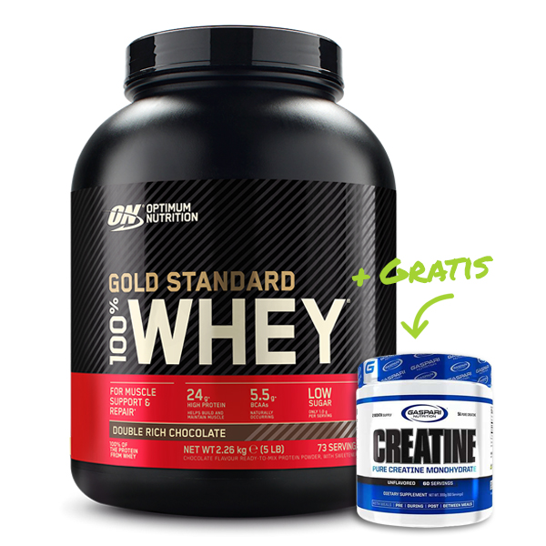 Optimum Nutrition 100% Whey Gold Standard Protein 2270g Dose Geschmack Double Schokolade mit Gratis Pure Creatine Monohydrate von Gaspari Nutrition