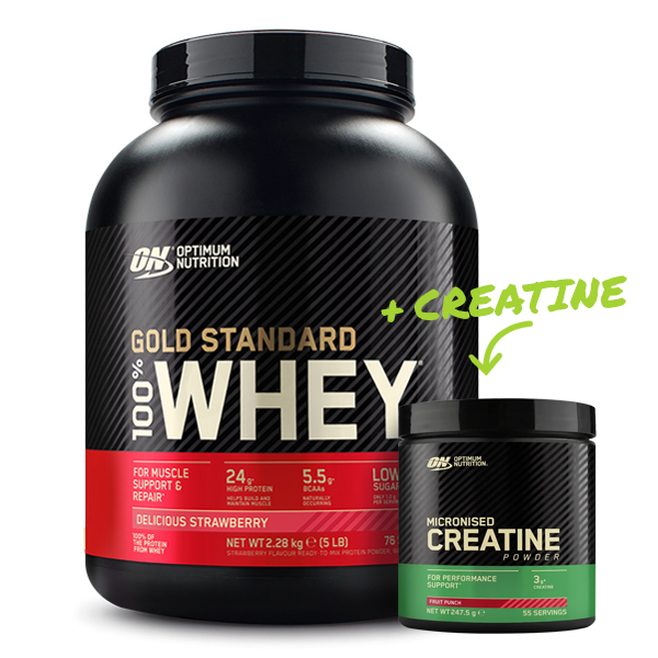 Optimum Nutrition 100% Whey Gold Standard Protein 2270g Dose Geschmack Erdbeere mit Gratis Pure Creatine Monohydrate von Optimum Nutrition