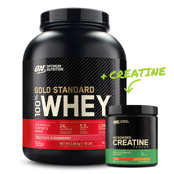 Optimum Nutrition 100% Whey Gold Standard Protein 2270g Dose Geschmack Erdbeere mit Gratis Pure Creatine Monohydrate von Optimum Nutrition